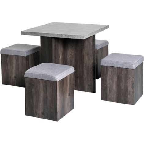 5-Piece Wooden Dining Set for Garden and Patio,Includes 4 Storage Stools with Cushions and 1 Space-Saving Table for Indoor and Outdoor Use