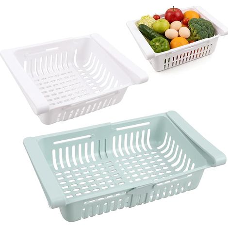 Fridge Storage, Fridge Organizer, Kitchen Strainer, Plastic, Retractable Draining, Suitable for Refrigerators, Kitchens, Fruit Storage, Vegetables, Snacks Blue, White (1/5)