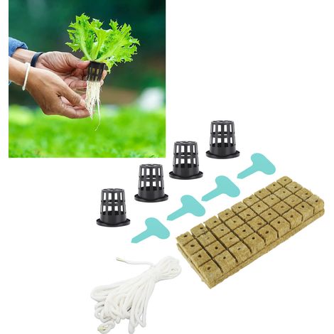 Kit de culture hydroponique en cubes de laine de roche et pot en filet avec panier de plantation en laine de roche (1/5)