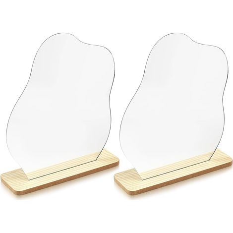Lot de 2 Miroirs de Maquillage, Miroir Acrylique Asymétrique Esthétique, Miroir de Table Cosmétique Sans Cadre, Miroir Décoratif Ondulé Irrégulier, Petit Miroir Nuage Avec Base En Bois (1/5)
