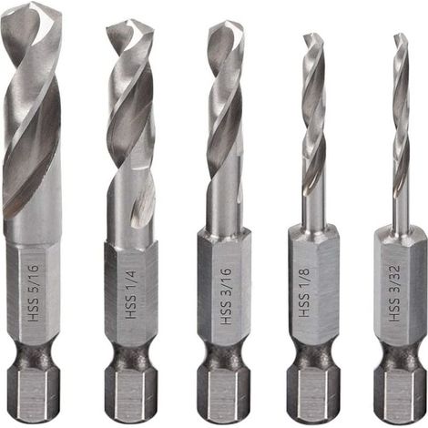 5pcs Coffret de Forets à Métaux 1/4" Hexagonale Changement Rapide Court Mèche HSS M2 Forets Hélicoïdaux pour Bois, Plastique et Métal Tendres pour Renvoi d'Angle (1/5)