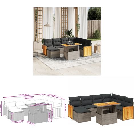 Salon de jardin 8 pcs avec coussins gris résine tressée - Ensemble Salon De Jardin - Mobilier Extérieur - Résine Tressée - Rotin Synthétique - Table Extensible - Home & Living (1/3)
