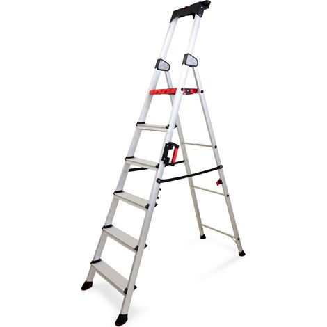 KELI - Échelle Pliable 6 Marches, Escabeau, Marchepied, Aluminium Robuste, Qualité Professionnelle, Poignée de Transport, Porte Outils ABS Dépliable (1/5)