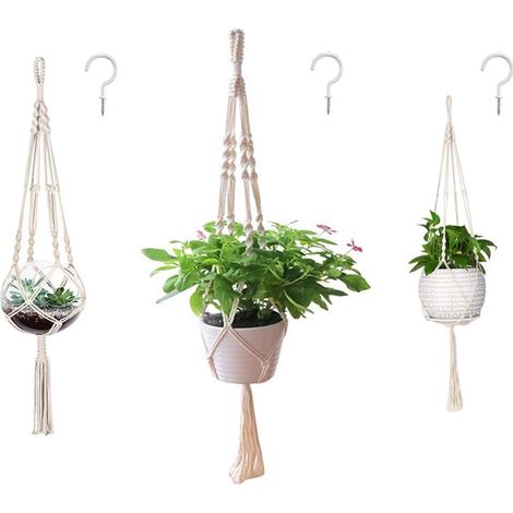 Support Pour Plantes - Suspension En Macramé À Main - Pour Intérieur Et Extérieur - Charge Maximale 5,4 kg - Lot De 3 Avec 3 Crochets (1/5)