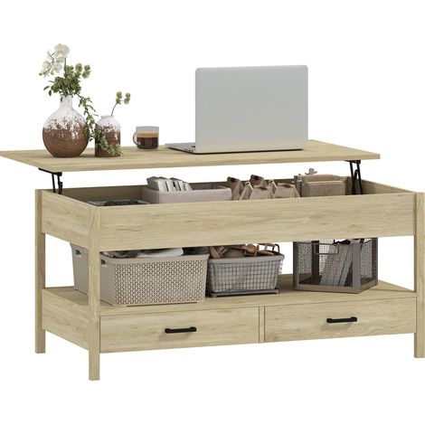 Table basse relevable compartiments cachés rangement tiroirs étagère ouverte chêne 100x50x48-62 cm (1/5)