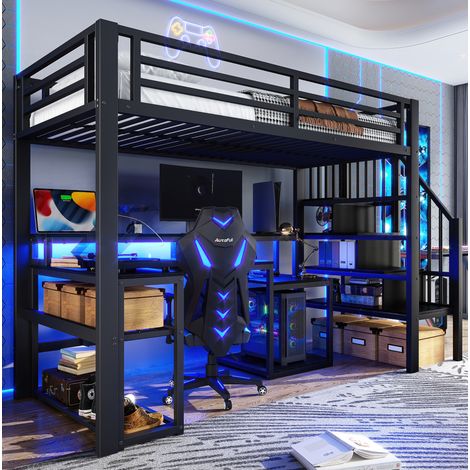 Hochbett Metall Schwarz 90x200 cm mit Schreibtisch, Stauraumtreppe, Regalen, LED-Lichtleiste und USB-Anschluss