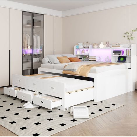 lit adulte rangement LED 140x200 avec tiroirs blanc OKMYHOME (1/5)