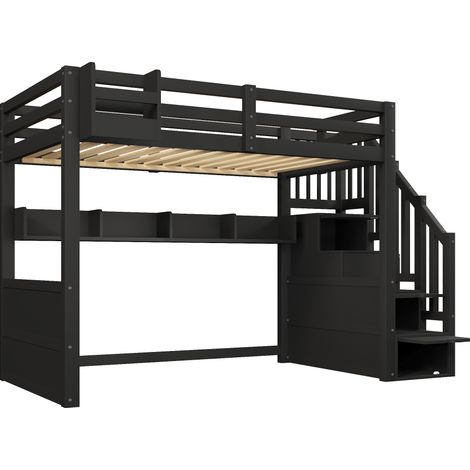Hochbett 90x200 aus Kiefer und MDF mit Stauraum, LED und schwarzer Treppe (1/5)