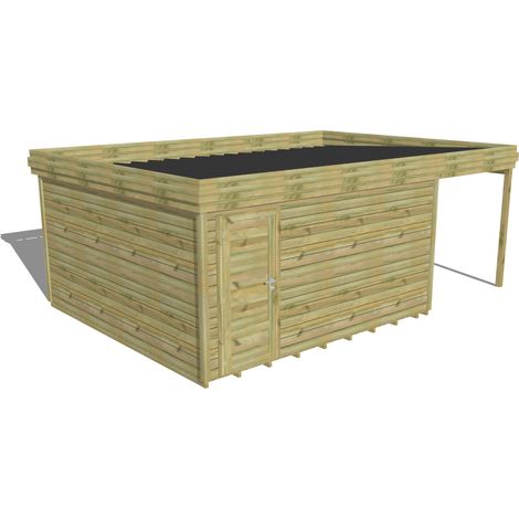 ABRI DE JARDIN bois Pin autoclave 27mm - 6,34x4,34m / 27,5m2 - Bac acier - Plancher bois