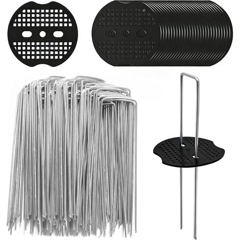 Lot de 60 crochets anti-mauvaises herbes galvanisés en forme de U pour jardin  Lot de 60 piquets de sol + 60 disques tampon (150 x 40 mm, Ø 2,5 mm), crochets pour paillis de gazon artificiel, camping (1/5)