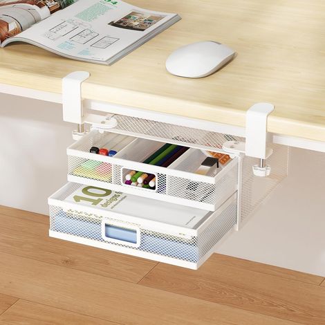 Under-desk drawer organizer, no drilling required, metal with 2 sliding drawers, suitable for home and office (white) (1/5)