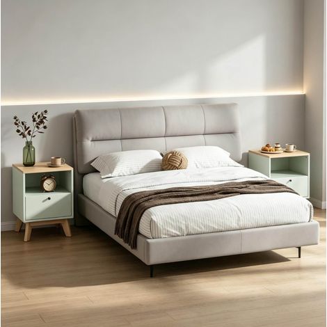 Set di 2 comodini 40x40x55 cm verde chiaro con cassetto e vano aperto effetto rovere (1/5)