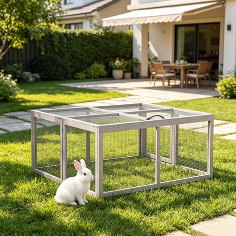Parque plegable de madera gris para conejos de exterior con techo abatible OKWISH (1/5)