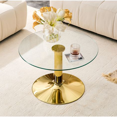 REDOM mesa de centro 74x74x13.5 cm, diseño redondo elegante, vidrio templado y base estable, metal dorado (1/5)