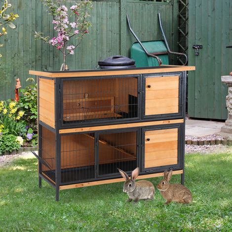 Cage à lapin 122x50x101 cm Naturelle noire avec toit en asphalte Portes pliantes avec loquet Plateaux amovibles et