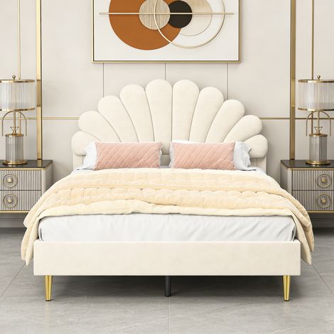 Lit Double 140x200 cm avec Tête de Lit en Forme de Fleur, Lit Rembourré en Velours pour Enfant et Adolescente, Cadre de Lit Robuste avec Sommier à Lattes,Beige