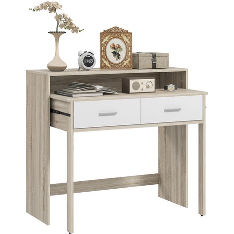 Konsolentisch mit verschiebbarer Platte und 2 Schubladen, Flurtisch mit Stauraum, 95 x 35 x 87 cm (B x T x H), Eichenoptik