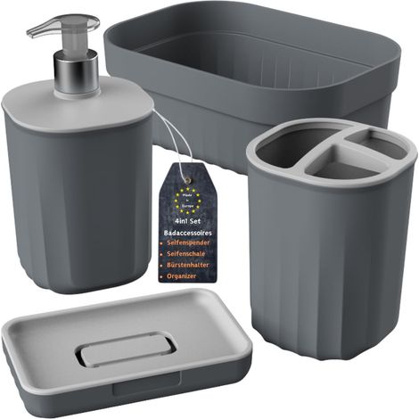 Ensemble de salle de bain 4 pièces avec distributeur de savon, porte-savon, porte-brosse à dents et organiseur, design moderne, plastique robuste, sans BPA, aspect rainuré, anthracite (1/5)