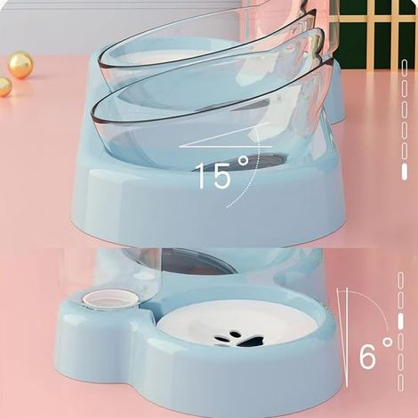 Adjustable Raised Cat Bowl Double Bowls Water and Food (Blue) (1/4)