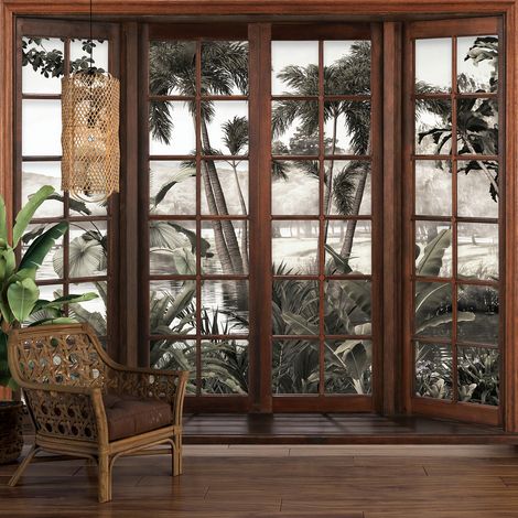 Papier peint panoramique Trompe l'oeil Fenêtre en bois - Forêt Tropicale - 130 cm x 104 cm (1/5)