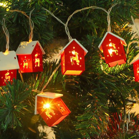 Guirlande Lumineuse De Noël - Maison En Bois Avec Motifs De Renne - 2 M - 10 Maisons - LED Blanc Chaud - Alimentation USB (1/5)