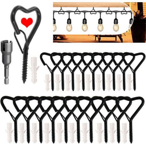 Crochets à visser avec boucle de sécurité – Lot de 20 pièces en acier noir, idéaux pour suspensions extérieures (lumières, plantes, pots, carillons) (1/5)