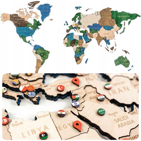 Mappa del mondo 3D in legno, lunga 105 cm, con 36 puntine e 168 bandierine per segnare i punti. (1/5)