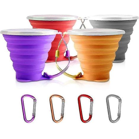 Lot de 4 gobelets de voyage pliables avec couvercle, en silicone portable, multifonctions et rétractables. (1/5)