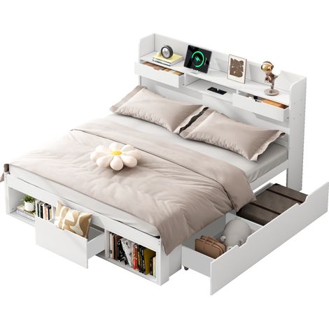 Lit double, 140200cm, avec port USB, tiroirs et armoire de rangement, lit enfant, lit adolescent, lit multifonction, grand espace de rangement, sans matelas, blanc