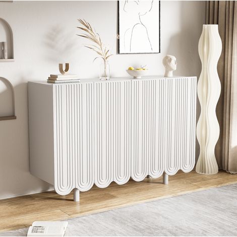 Sideboard aus MDF in Weiß, 120 x 37,5 x 80,8 cm, 4 Türen mit tropfenförmiger Schnitzerei und Dämpfungsscharnieren (1/5)