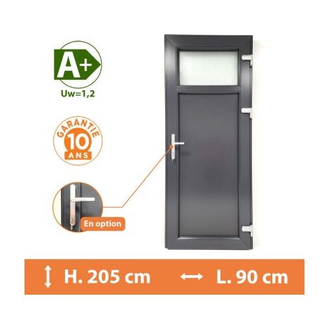 Direct Fenêtres – Porte de service PVC 1/4 vitrée – Gris anthracite RAL 7016 – H.205 x l.90 cm – Isolation thermique A – Vitrage feuilleté retardateur d’effraction (1/5)