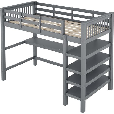 Kinder-Hochbett 90 x 200 cm mit Schreibtisch und Stauraum, grau (1/5)