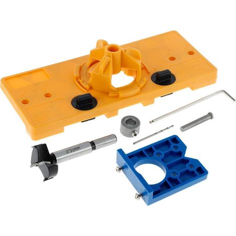Gabarit de perçage pour charnières invisibles de 35 mm avec foret de 35 mm, butée de profondeur et clé hexagonale pour le travail du bois (jaune)