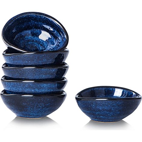 Lot de 6 bols à sauce en céramique – Petites tasses à charcuterie pour préparation, condiments, huile, mini assiettes à tapas pour soja, sushi, salsas, wasabi, apéritif, dessert – Bleu (1/5)
