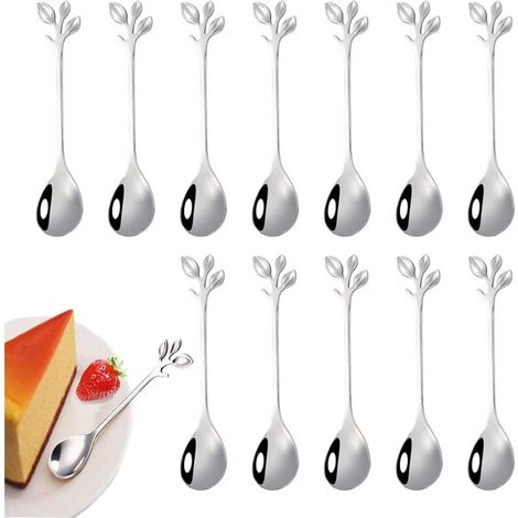 12 pièces de cuillère à café en feuille d'acier inoxydable,mini cuillère à café cuillère à dessert design branche,utilisé pour l'eau thé lait café dessert boisson ustensiles milkshake mélangé(argent)- (1/5)