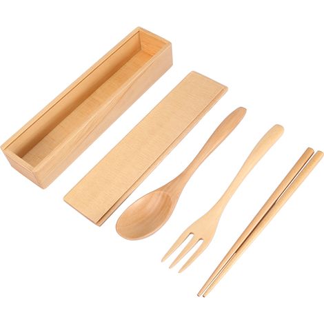 Étui de rangement portable et écologique en bois pour baguettes, fourchettes et cuillères réutilisables (1/5)