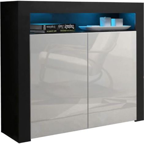 Dusine – Buffet bahut brillant 107 cm – Portes en blanc laqué – Caisson noir mat – Éclairage LED intégré pour ambiance chaleureuse (1/3)