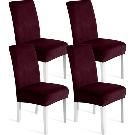 Stuhlhussen Samt 4er Set, Universale Stretch Hussen, Weich & Waschbar, Burgunderrot (1/5)