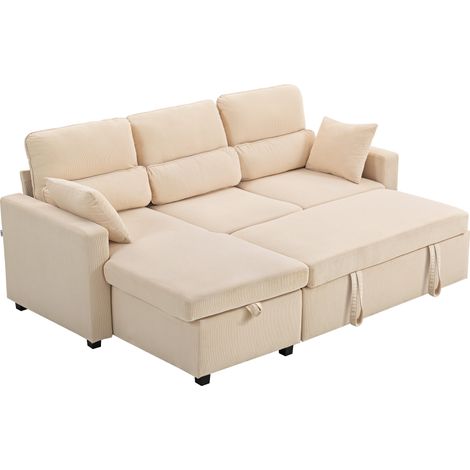 HOMCOM Divano Letto a L con Contenitore e 2 Cuscini in Velluto a Coste Beige