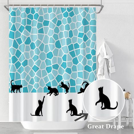152x183cm Rideau de Douche Chat Noir Mignon Animal Chaton Silhouette Rideaux de-Douche Ensemble mosaïque Bleue drôle Rideau-de Bain pour Animaux de Compagnie (1/4)