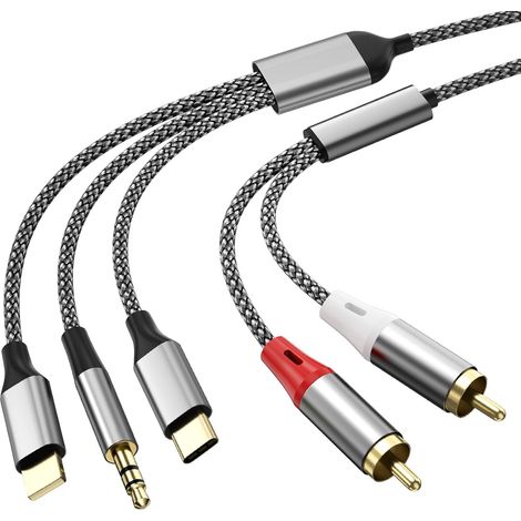 3 en 1 Lightning/USB Type C/3.5mm vers 2 RCA Câble Aux 1.3M, 2 RCA Câble stéréo pour Lightning/USB Type C/3.5mm Interface Compatible avec voiture,home cinéma