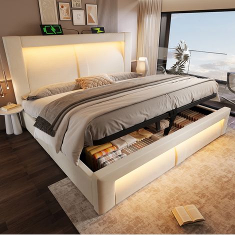 Letto matrimoniale contenitore LED in velluto 140x200 OKMYHOME (1/5)