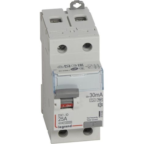 Interrupteur différentiel DX³-ID arrivée haute et départ bas à vis - 2P 230V 25A typeF 30mA - 2 modules - LEGRAND