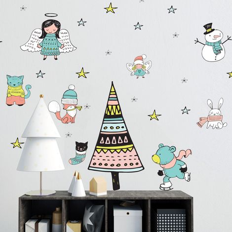 Stickers Noël scandinave féérique - Autocollants stickers adhésifs noël - décoration fêtes - 60x40cm (1/5)
