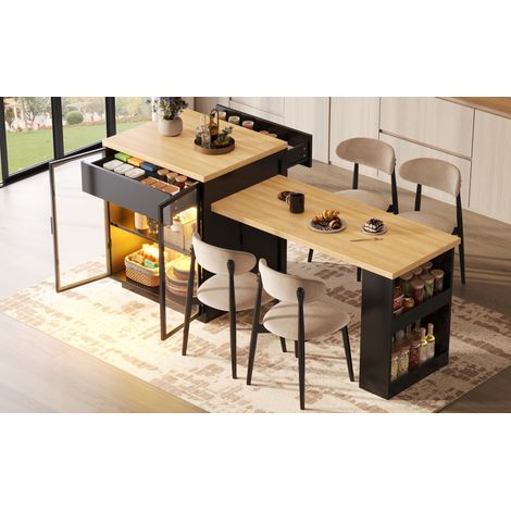 Îlot de cuisine extensible 122-194,5 cm avec rangement, LED, USB, MDF métal, noir REDOM (1/5)