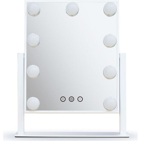 , Miroir de courtoisie Hollywood, 25 cm x 30 cm, 3 couleurs de luminosité réglable, miroir de courtoisie en verre antidéflagrant avec 9 ampoules LED à intensité variable, blanc (1/5)