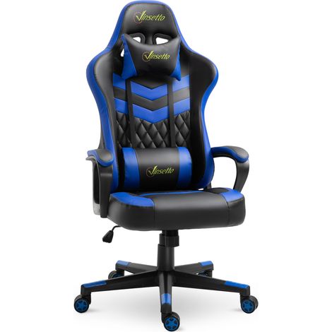 Silla gaming reclinable ajustable con reposacabezas y cojín lumbar, 61x70x121-129 cm, azul. (1/5)