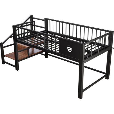 Letto a soppalco basso 90 x 200 cm in metallo nero con scala contenitore MODENUIT (1/5)