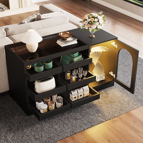 Sideboard mit 6 Schubladen, Gittertür und LED, für Wohnzimmer oder Esszimmer, MDF, Schwarz, 120 x 40 x 75 cm