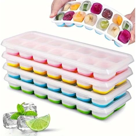 Lot de 4 Bacs à Glaçons Silicone Airabc avec Couvercle – 14 Glaçons, Empilables, Démoulage Facile, Sans BPA, Lave-Vaisselle et Congélateur (1/5)